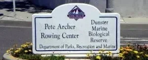 Sign for Pete Archer Rowing Center at Dunster Marine Biological Reserve, Department of Parks, Recreation and Marine