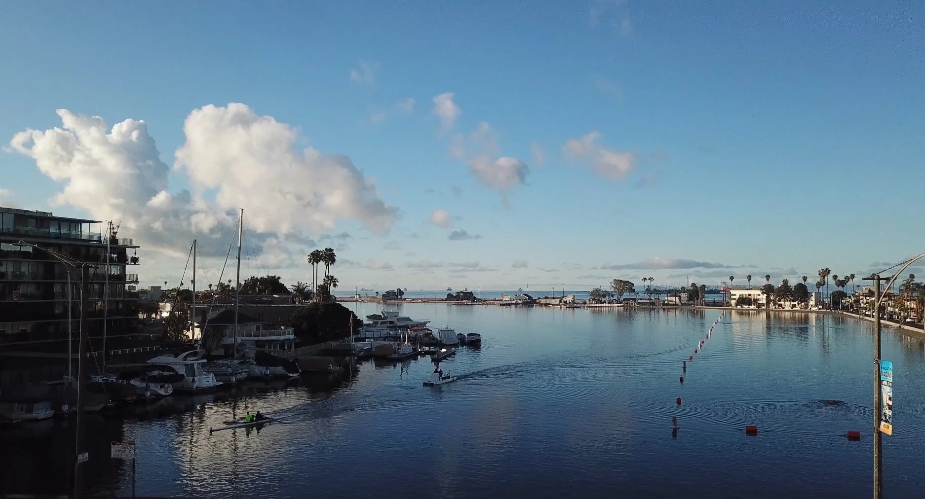 Calm marina with several boats docked, a small boat with two people, and a cityscape with palm trees in the background under a partly cloudy sky.
