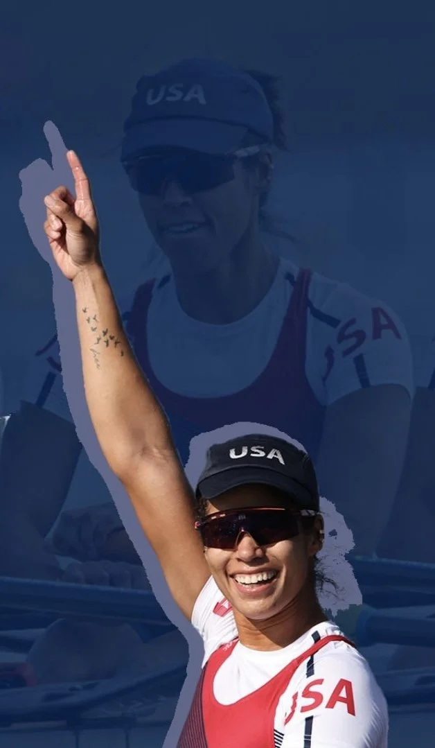 Smiling female athlete wearing sunglasses and a USA cap, raising her right arm, with a tattoo of birds on her forearm, in patriotic sports attire. A large, faded background image of her in the same outfit, smiling and waving.