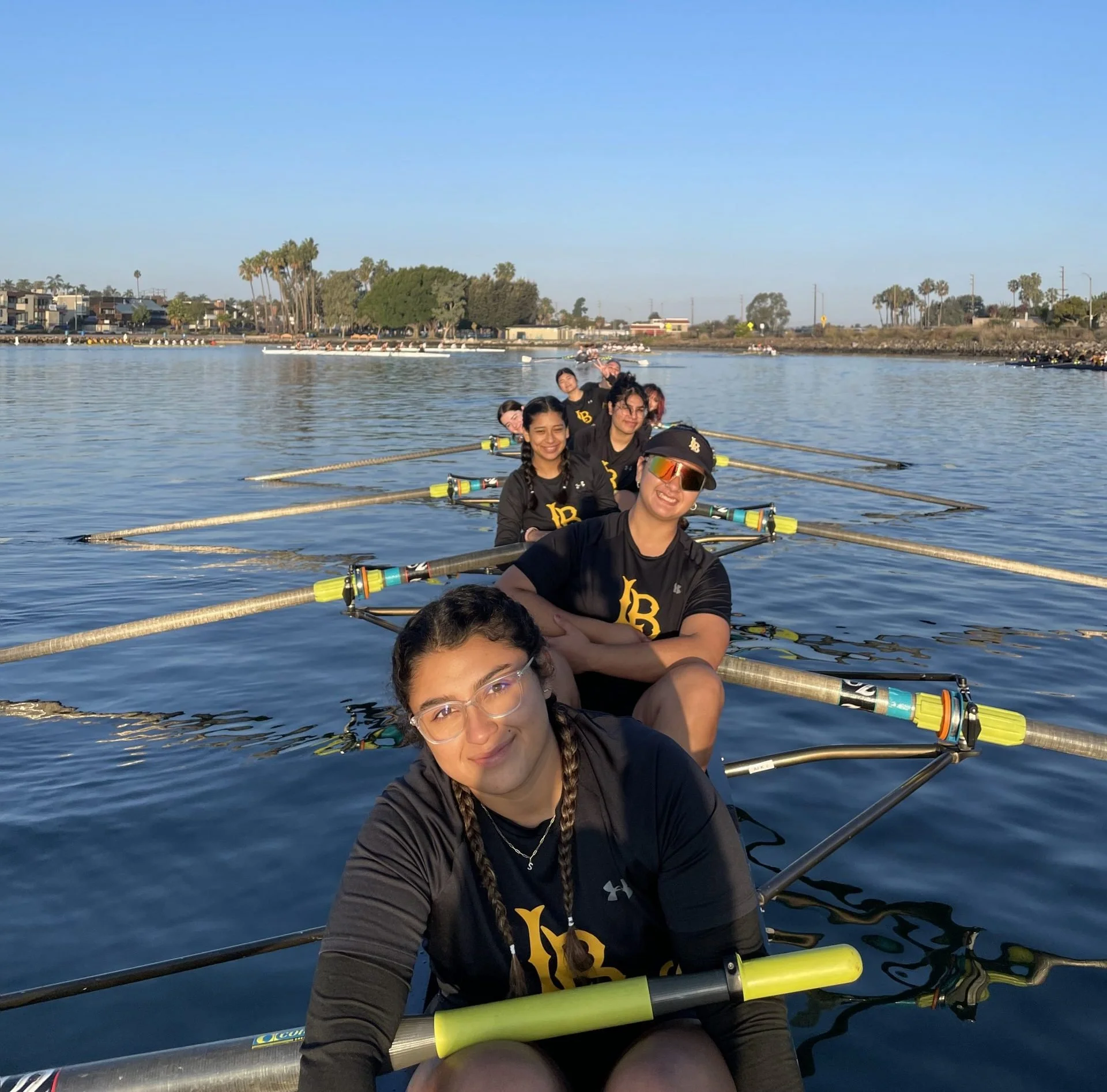 The women's crew of eight waiting at the start of the Pancake Regatta head race.