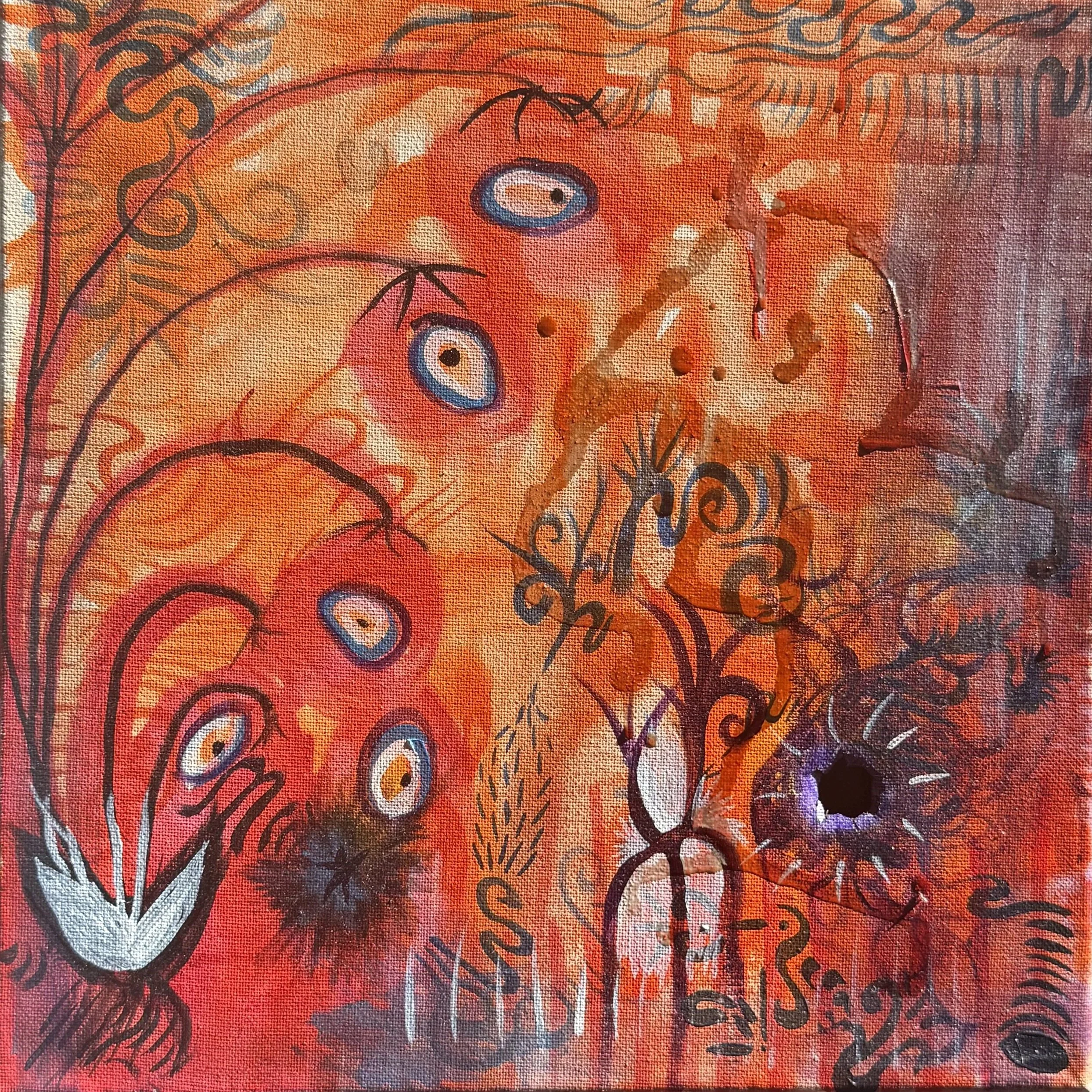 "Burnt Offering" 2024 12x12 Acrylic and cherry on canvas
