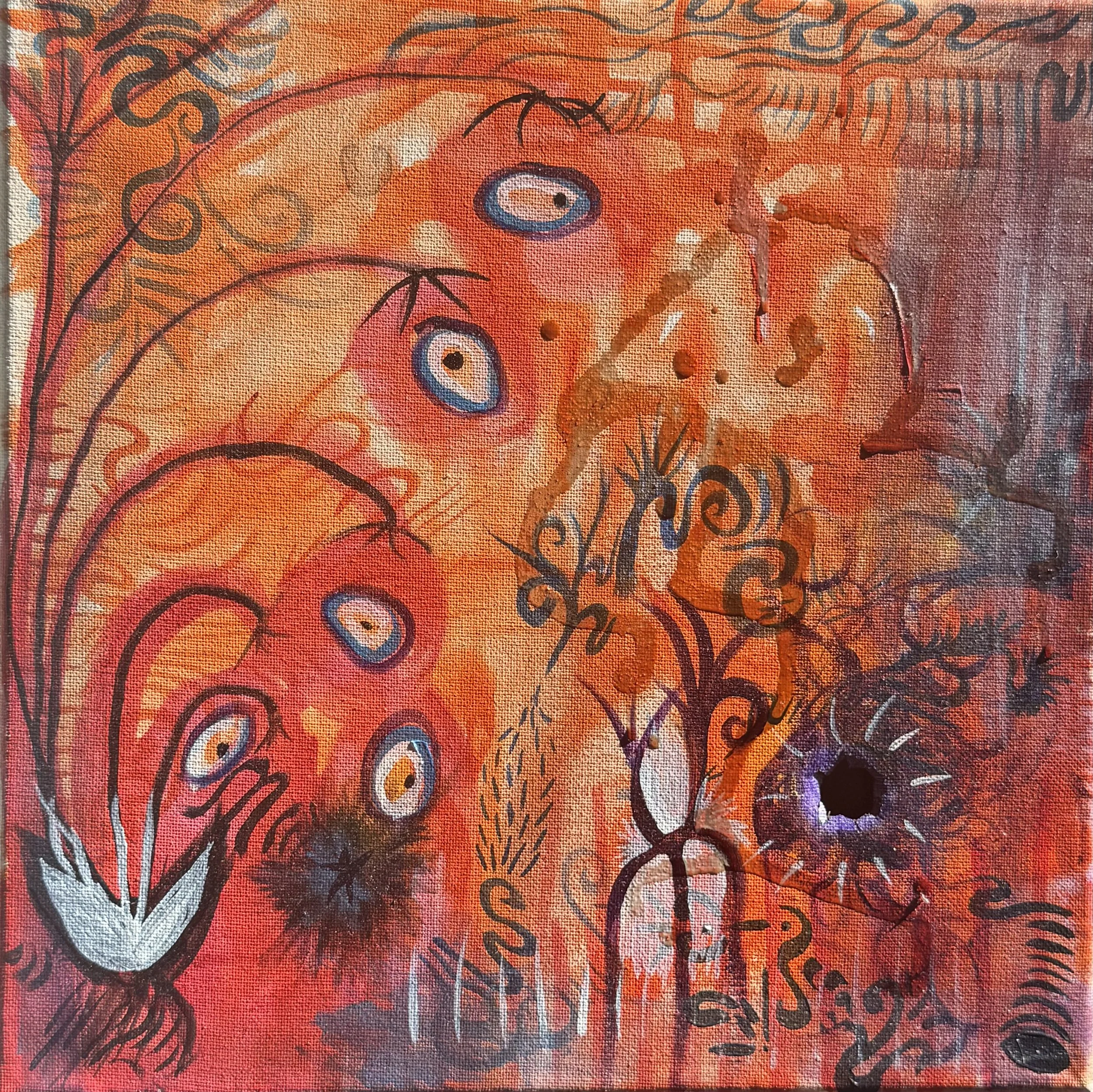 "Burnt Offering" 2024. 12x12. Acrylic on canvas, burnt hole and cherry juice.