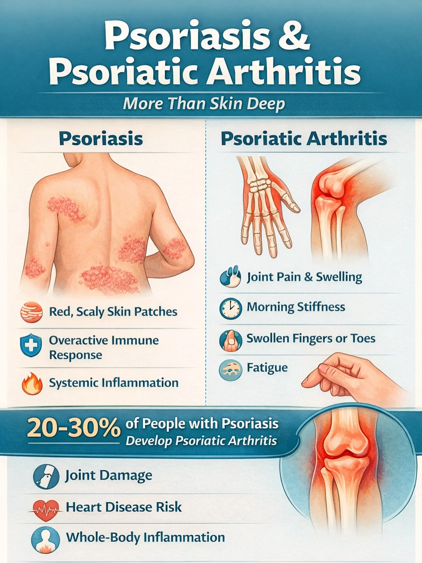 Psoriasis isn&rsquo;t &ldquo;just a skin condition.&rdquo;
For many people, it&rsquo;s a whole-body inflammatory disease that can affect the joints, heart health, energy, and quality of life.
Up to 1 in 3 people with psoriasis may develop psoriatic a
