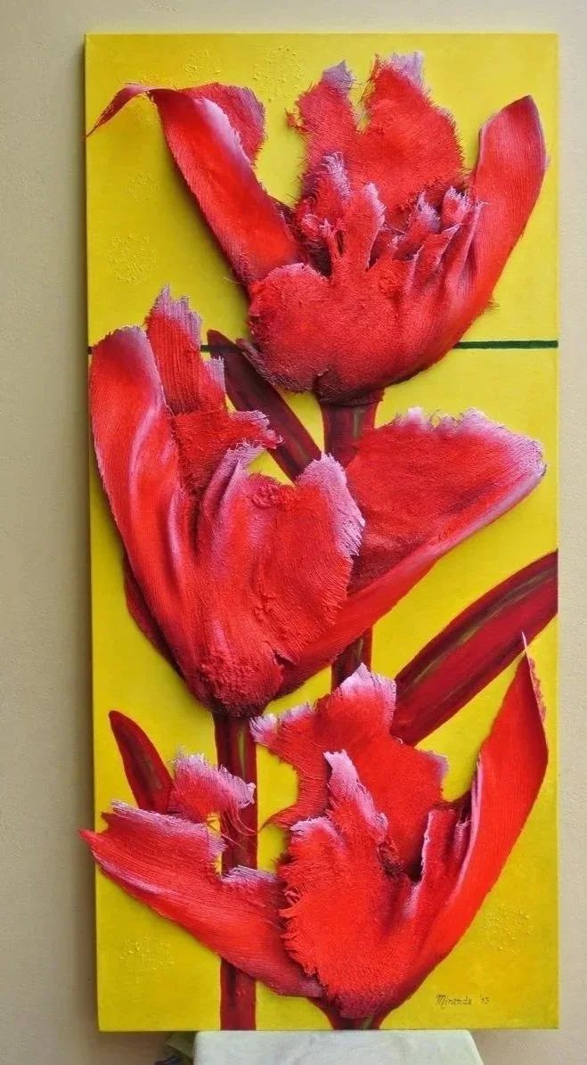 Three large red tulip flowers with textured petals on a bright yellow background.