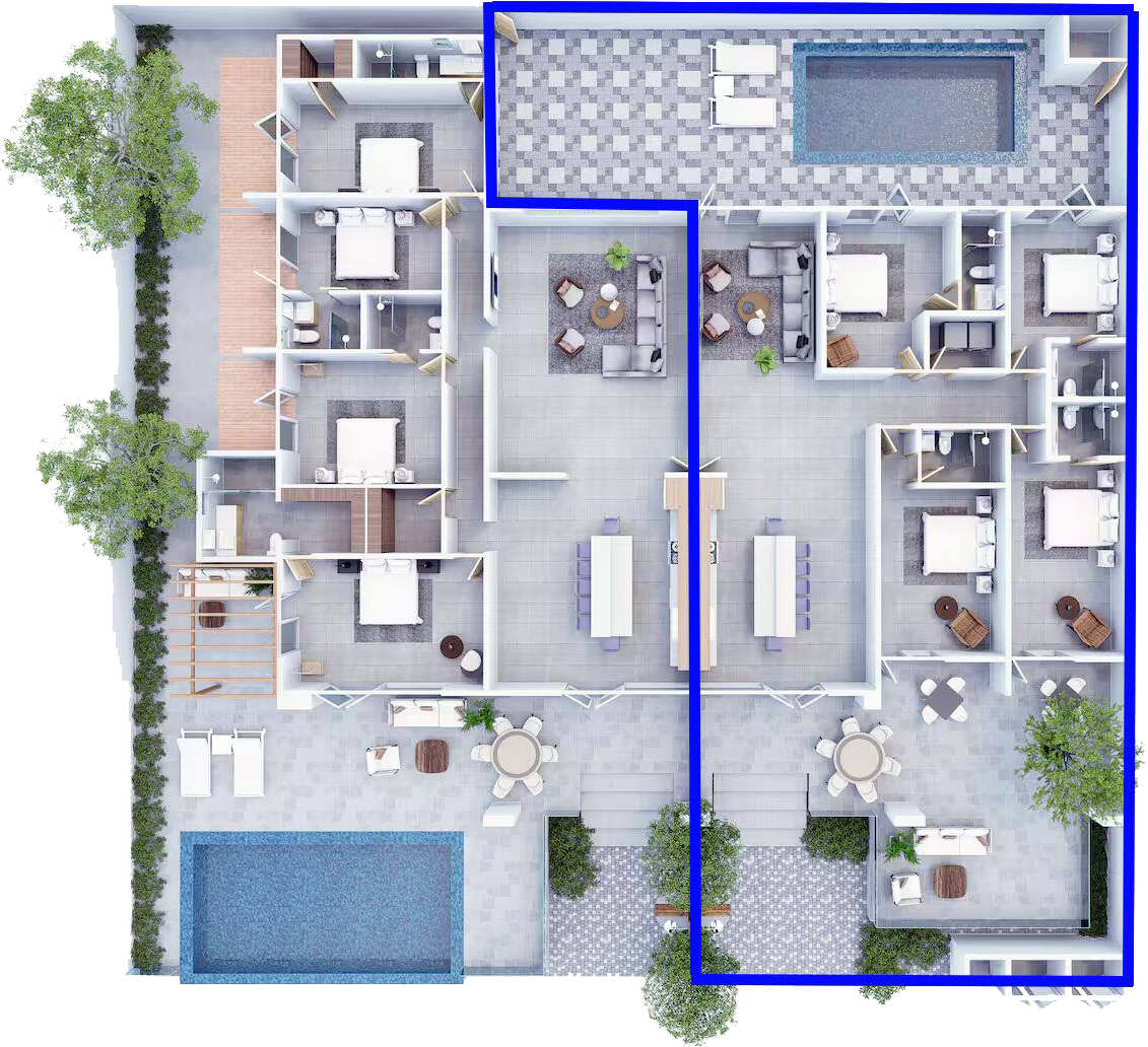 Top-down view of a residential floor plan with outdoor pool, patio, a living room, bedrooms, bathrooms, and furniture.