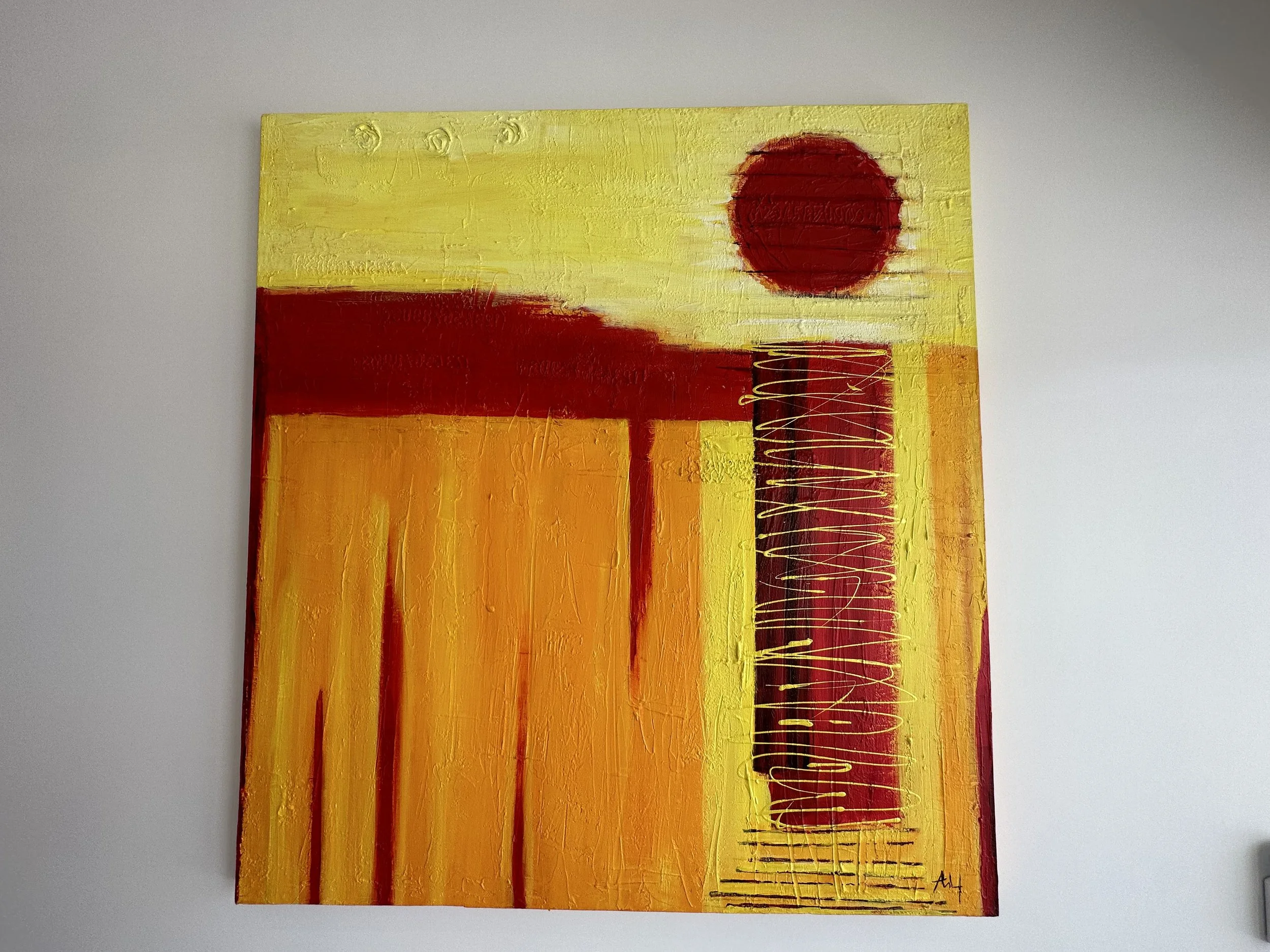 An abstract painting with a yellow background, a red circle in the upper right, a horizontal red line across the middle, and a vertical red column with yellow squiggly lines on it. The painting has a textured surface and is signed in the bottom right