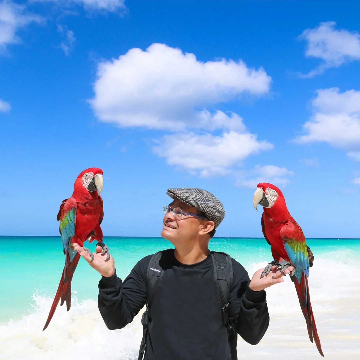 A man wearing glasses, a gray flat cap, and a black jacket is standing on a beach holding a macaw parrot on each hand. The parrots are red with green and blue feathers and are perched on his hands. The ocean with turquoise water and blue sky with a few clouds are in the background.