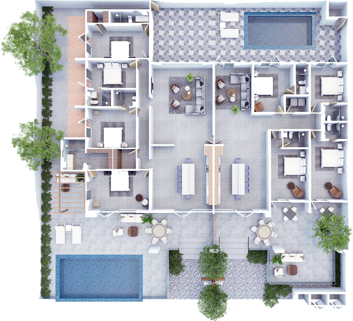 Top-down view of a modern apartment layout with outdoor swimming pool, patio furniture, and landscaped greenery.