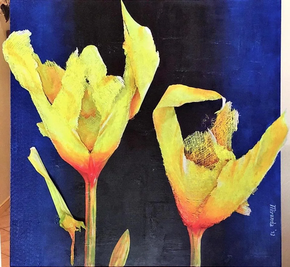Abstract painting of two yellow flowers with orange tips against a dark background.