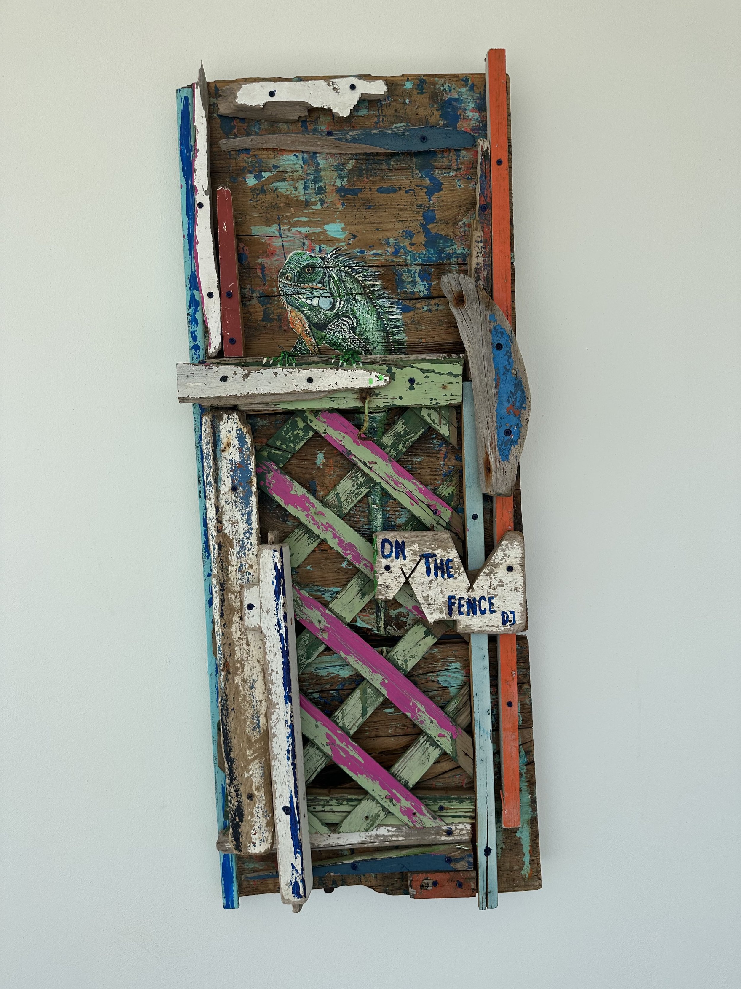 Colorful wooden fence art with a painted iguana and a sign that reads 'On the Fence DJ' mounted on a beige wall.