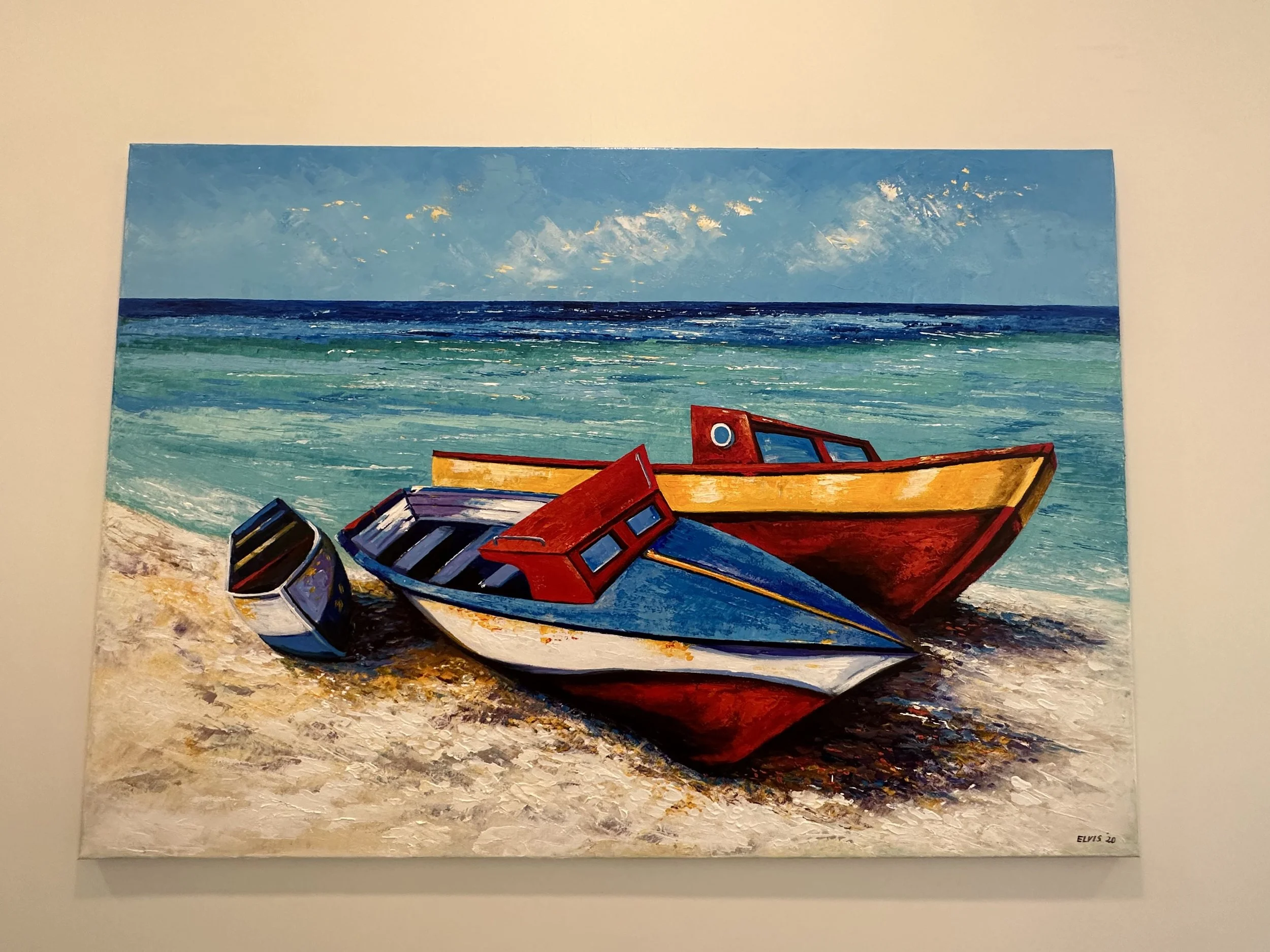 A colorful painting of three boats on a sandy beach with ocean waves and a partly cloudy sky in the background.