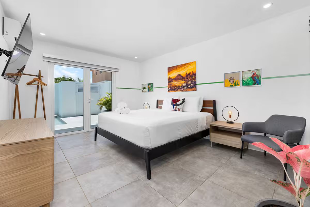 Modern bedroom with a large bed, sliding glass door leading to an outdoor patio, artwork on the white walls, a gray armchair, a side table with a lamp, a TV on a wooden stand, and a pink plant in the corner.