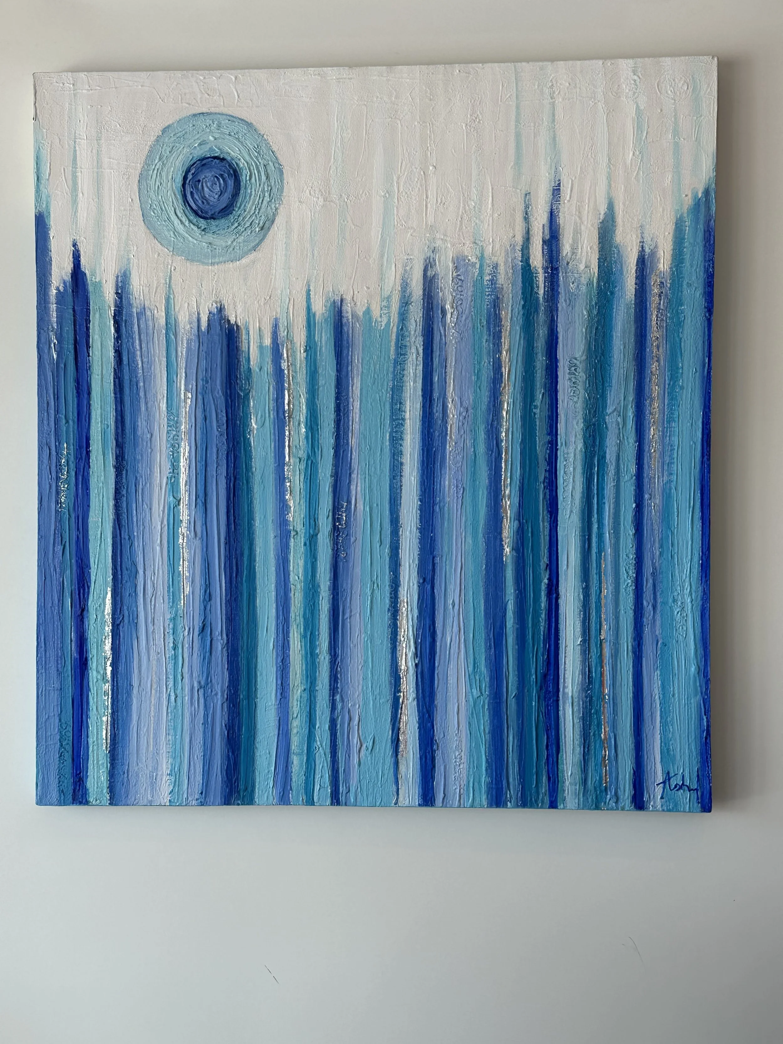 Abstract painting with blue vertical streaks and a circular blue shape in the top left corner.