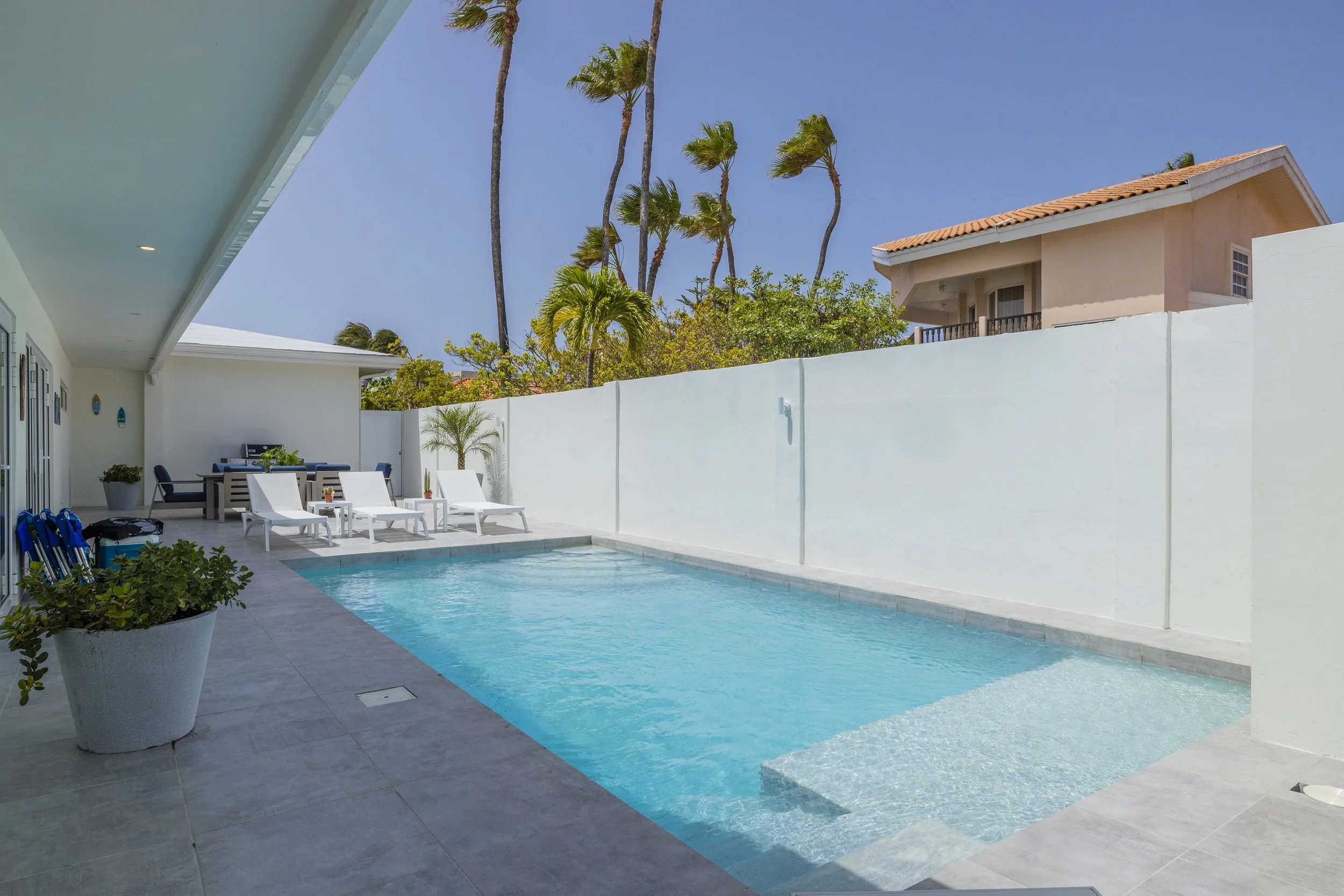 View of a private outdoor swimming pool in a modern backyard with white lounge chairs, potted plants, and tall palm trees under a clear blue sky.