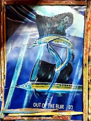 A colorful painting of two fish swimming in blue water with the text 'Out of the Blue D7' at the bottom.