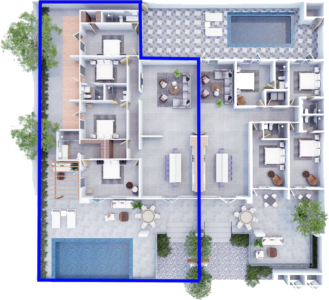 A top-down view of a modern apartment complex floor plan with various rooms, outdoor patios, a pool, and common living areas.