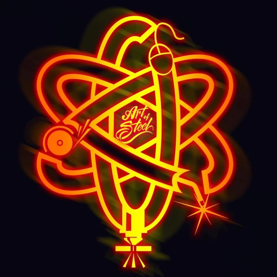 Neon sign of an atomic structure with glowing orange and yellow lines, with text 'Art of Steel' in the center.