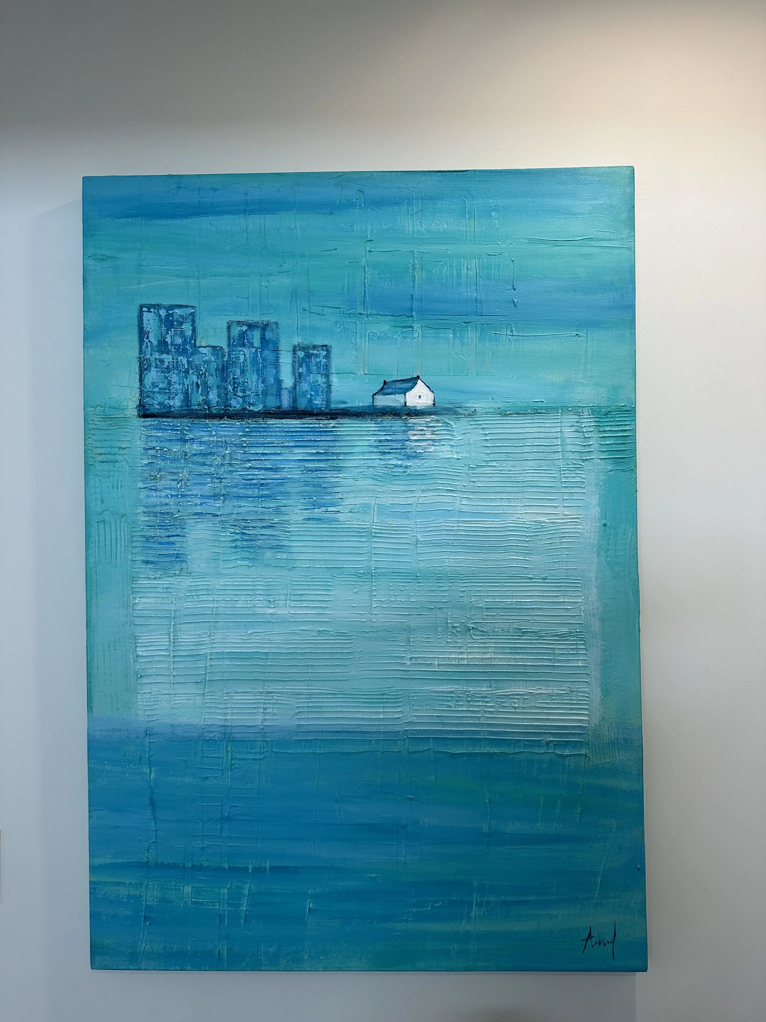 Blue abstract painting with buildings, a house, water, and textured horizontal strokes.