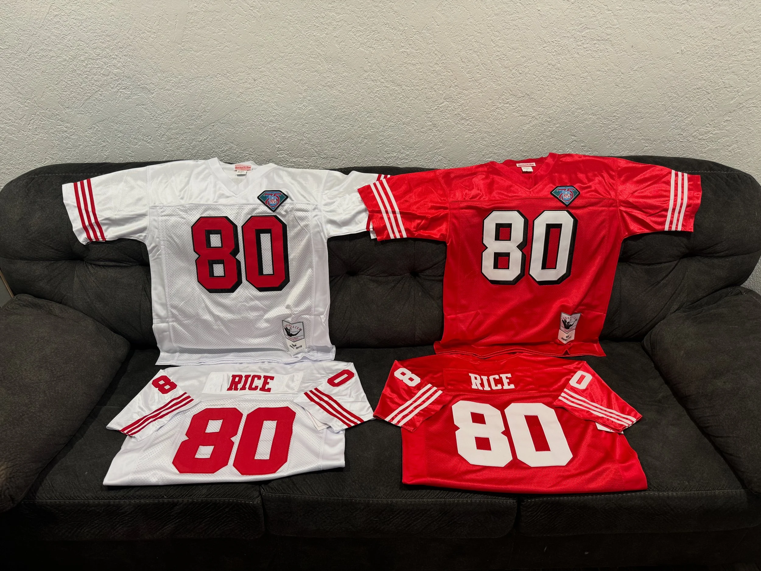 Jerry Rice 49ers 1994 75th anniversary throwback jerseys 

Jerry Rice 49ers late 80's - early 90's throwback jerseys

Men sizes only!
