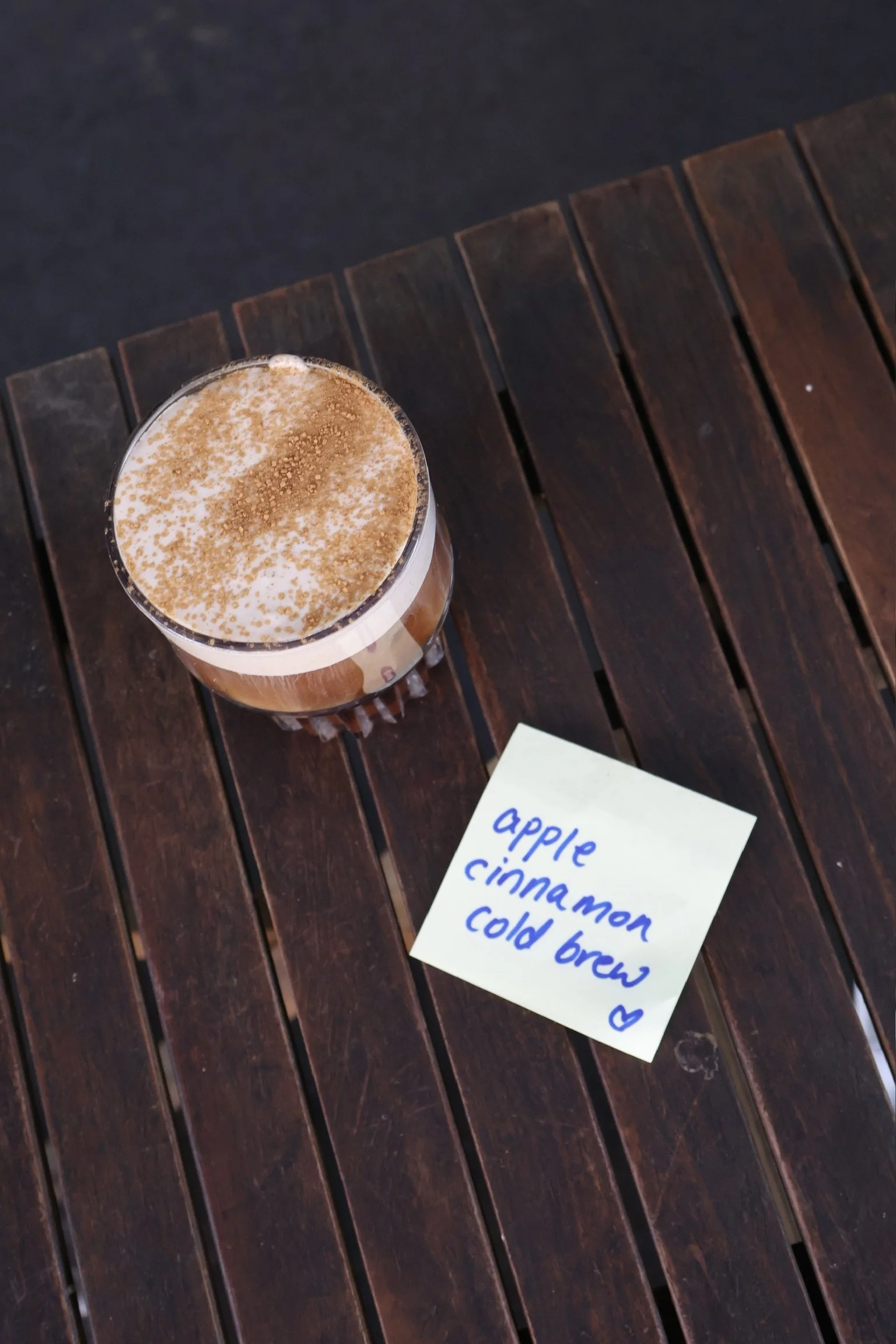 A glass of iced coffee topped with cinnamon and whipped cream, placed on a wooden table next to a yellow sticky note that reads 'apple cinnamon cold brew' with a small heart drawing.