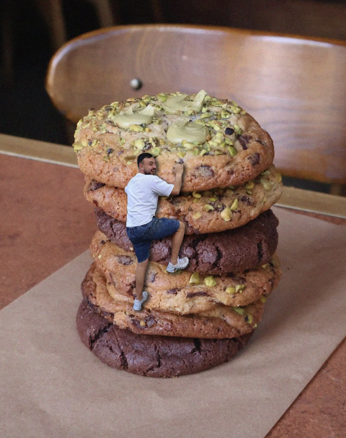 A small man climbing a stack of five large cookies, with the background showing a wooden chair.