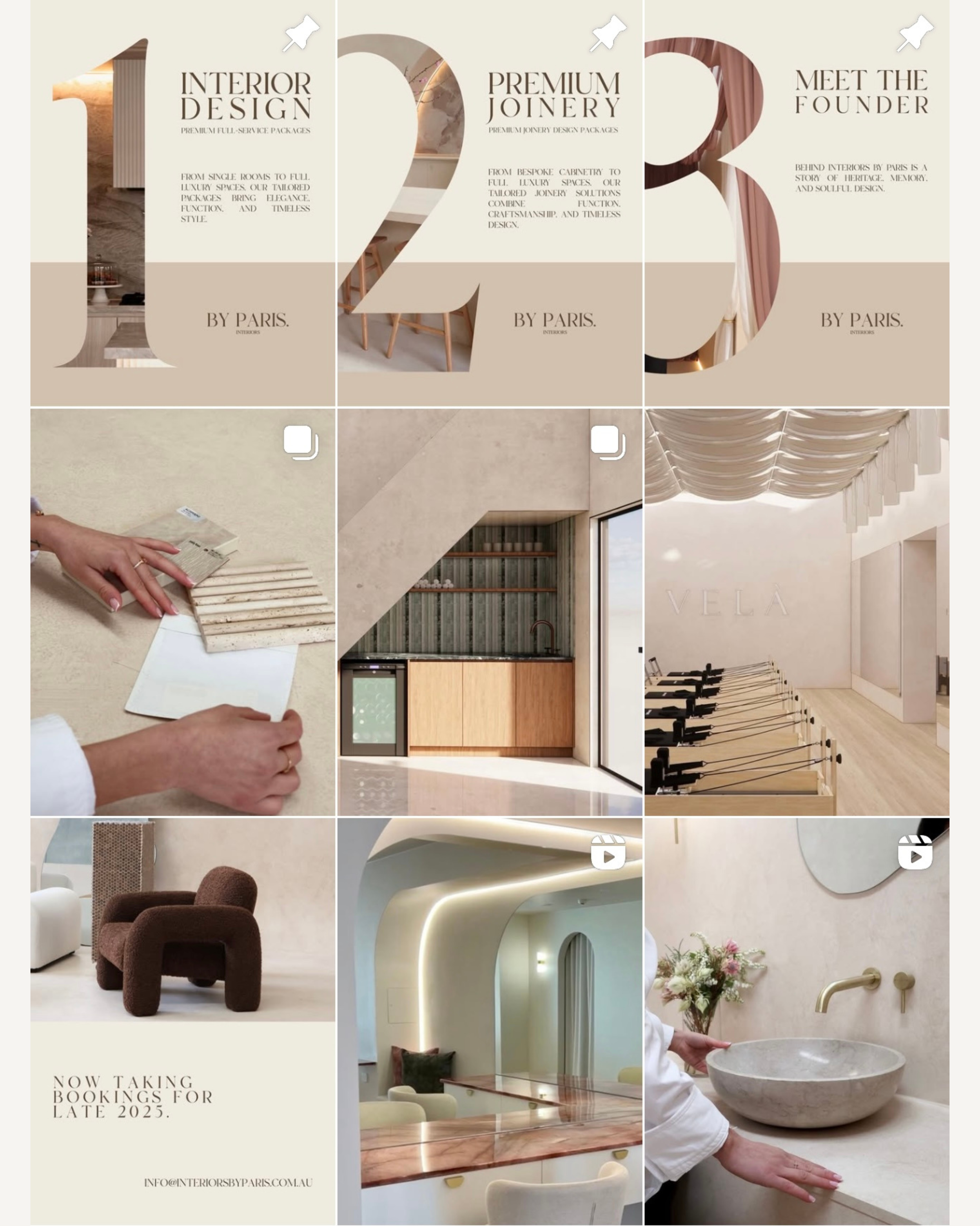 Collage of interior design images, including promotional text for Paris-based interior design and joinery services, images of interior spaces, furniture, and a bathroom with a stone sink.