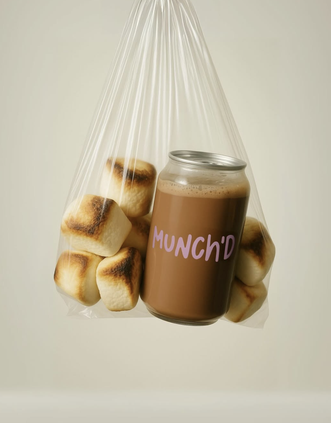 A plastic bag containing toasted marshmallows and a can of chocolate drink labeled 'MUNCH'D'.