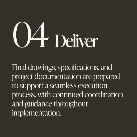 Slide titled '04 Deliver' with text about final drawings, specifications, and project documentation to support seamless execution and coordination during implementation.