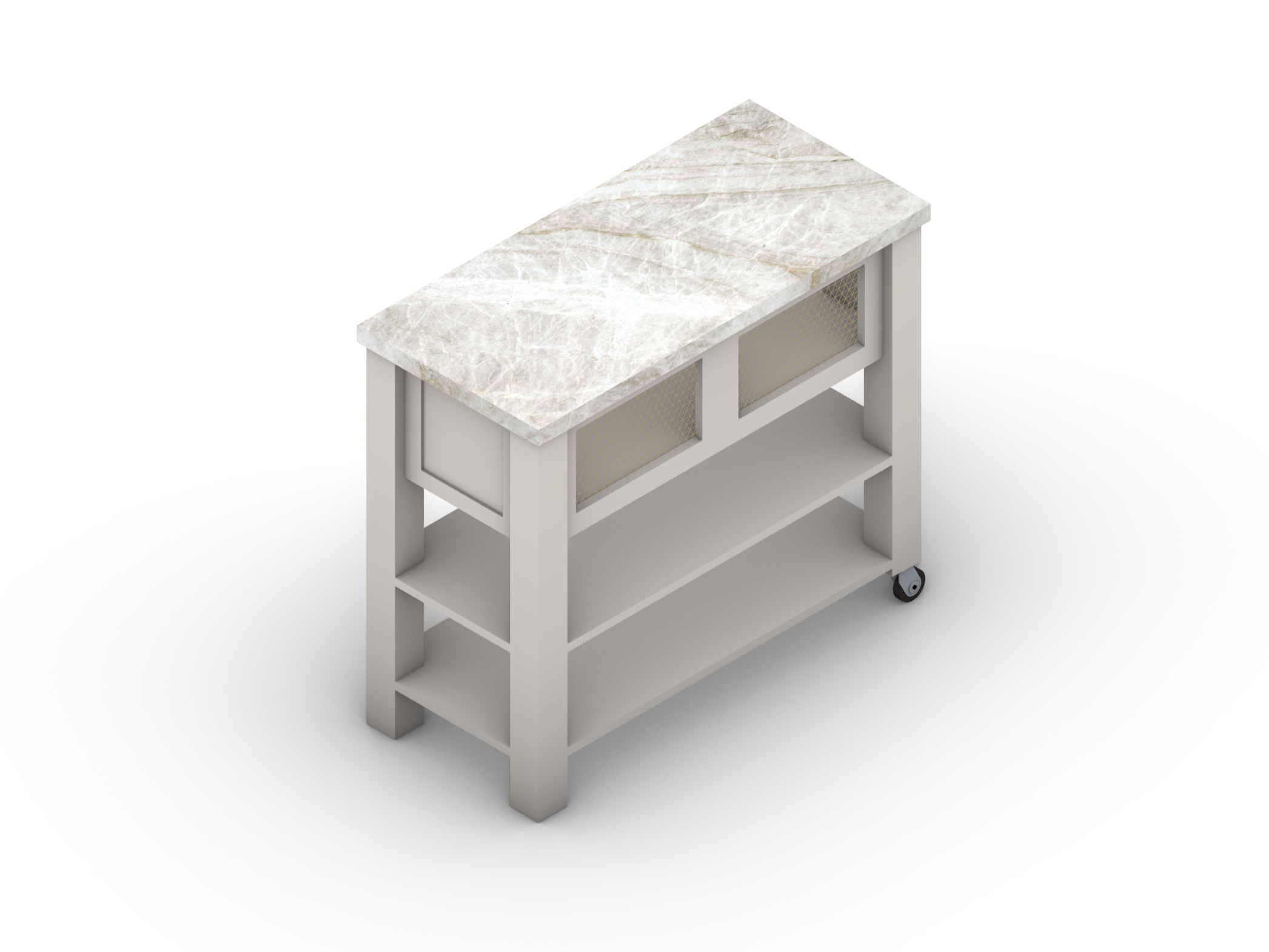 A kitchen cart with a marble top, white wooden frame, two shelves, and two small wheels on one side.