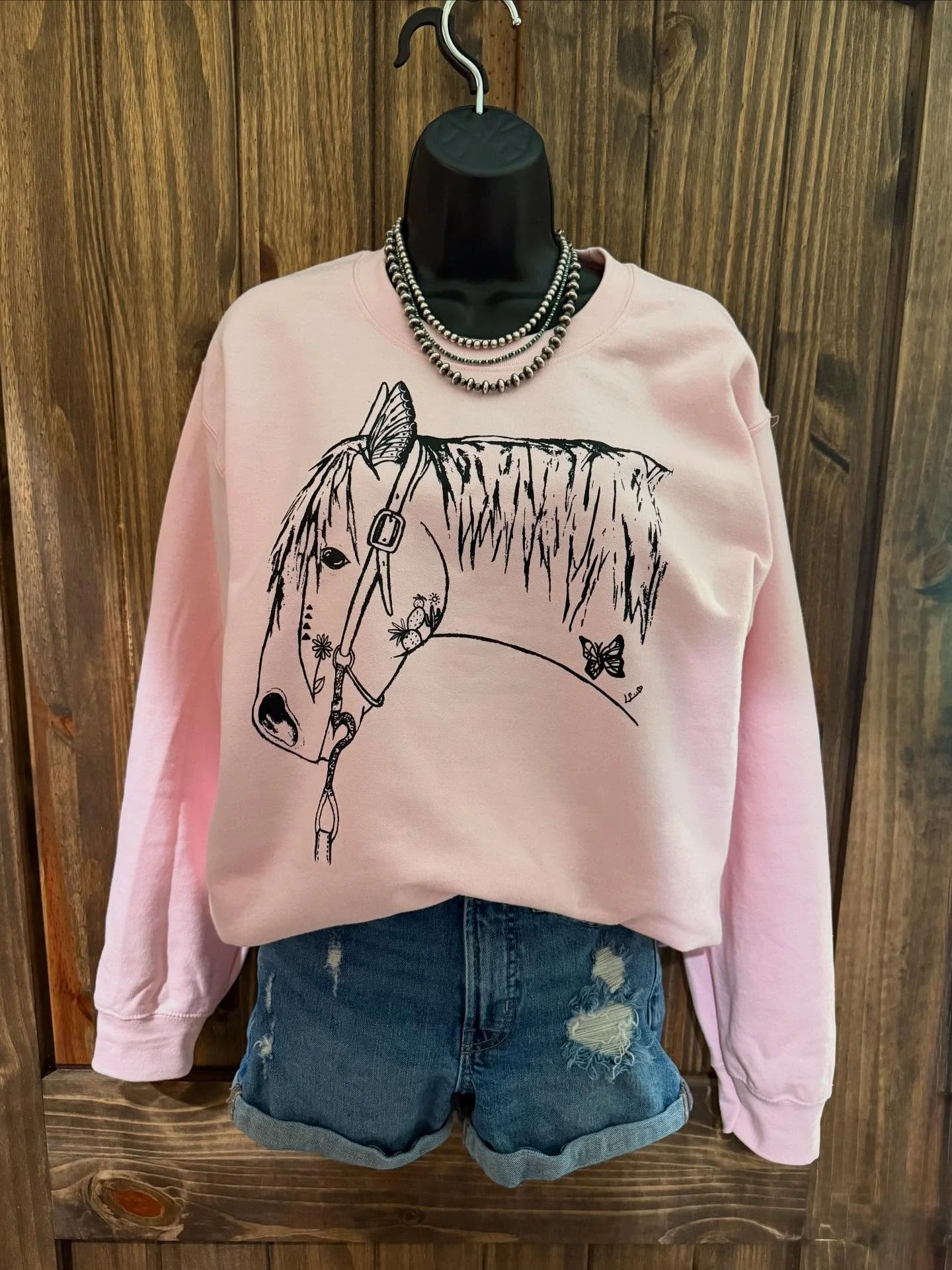 Butterfly horse design:

Bubble gum pink sweatshirt 
Printed on
Gildan Heavy Blend

Sizes: S-XL
$35

2X &amp; 3X
$39

Add $7 for shipping or you can pick up in Ramona, OK