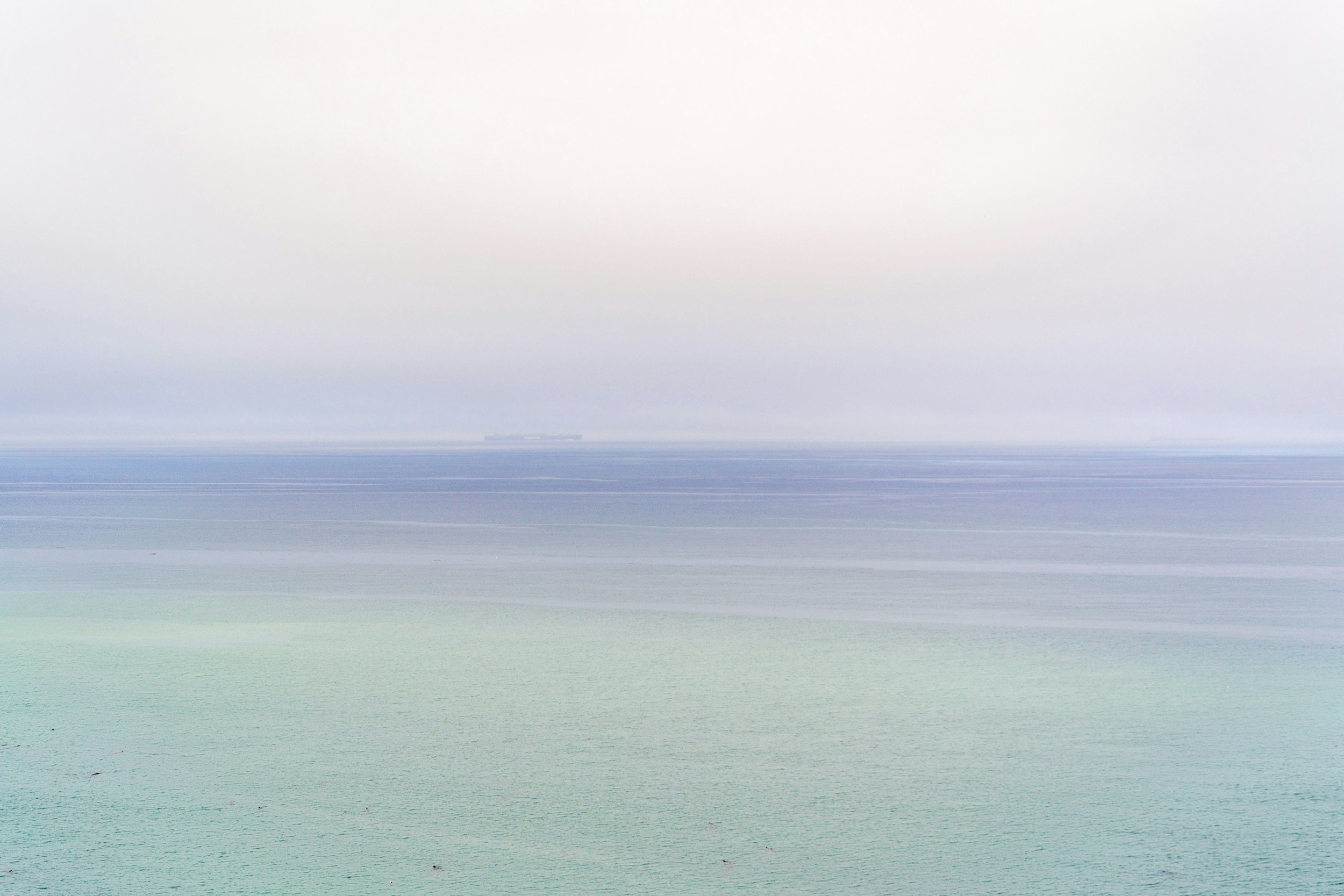 A vast, calm ocean with a light gray sky overhead; a large cargo ship is visible in the distance on the horizon.