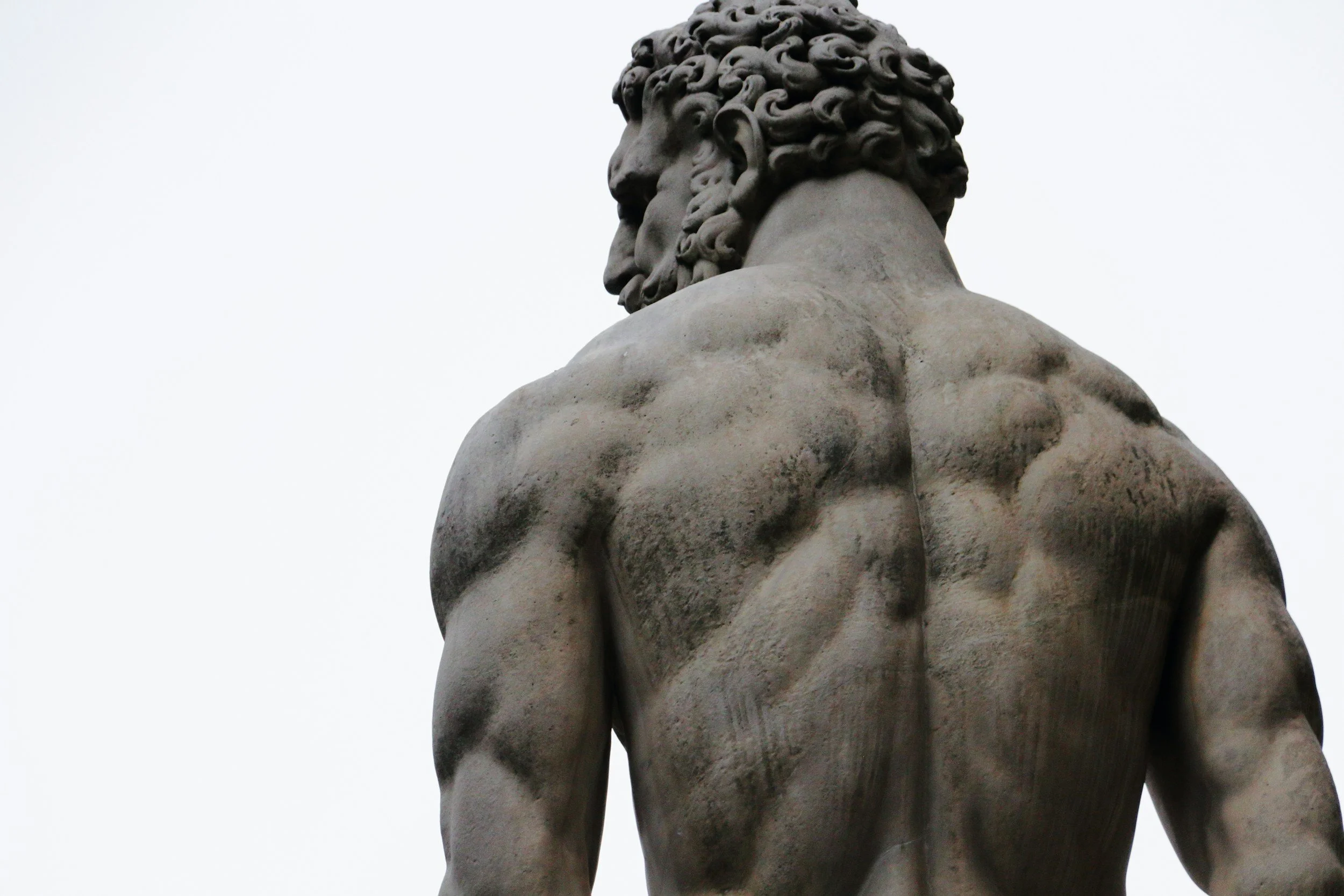 A close-up view of the back and side of a classical marble statue of a muscular man with curly hair and a beard, set against a plain, light sky