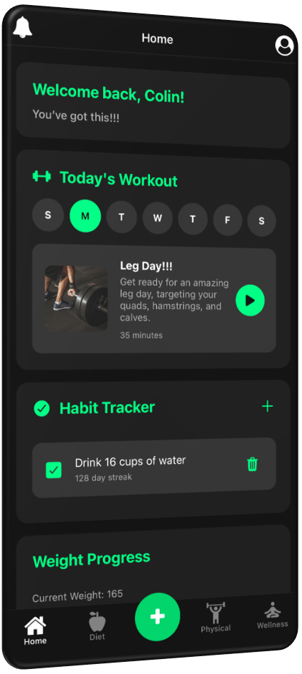 Mobile app interface for fitness tracking with sections for today's workout, habit tracker, and weight progress, displaying a personalized welcome message for user Colin.