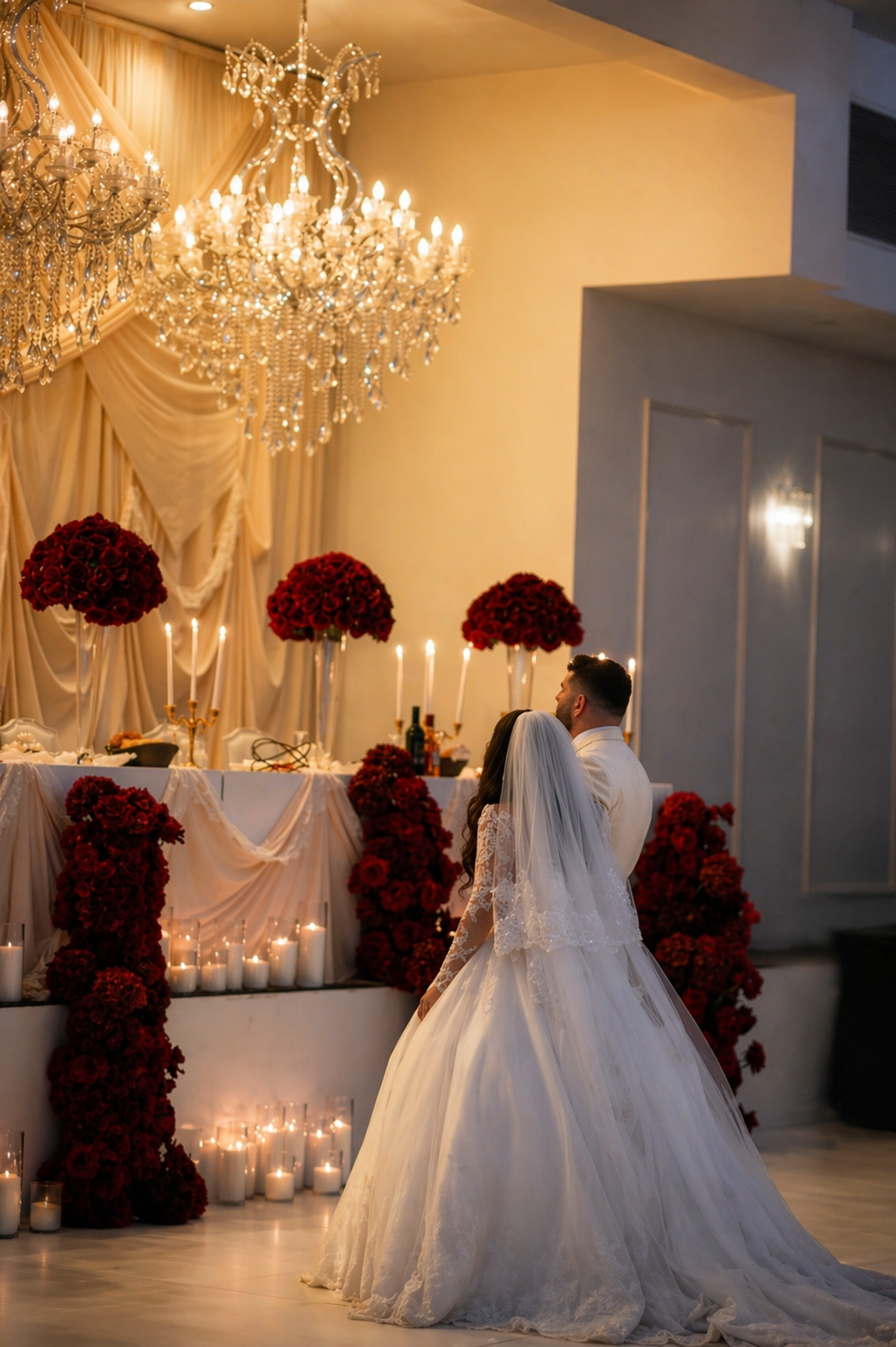 A bride and groom admiring their reception decor. The scene is decorated with multiple large bouquets of red roses, candles, and elegant drapery. A grand chandelier hangs above, illuminating the scene with warm light.