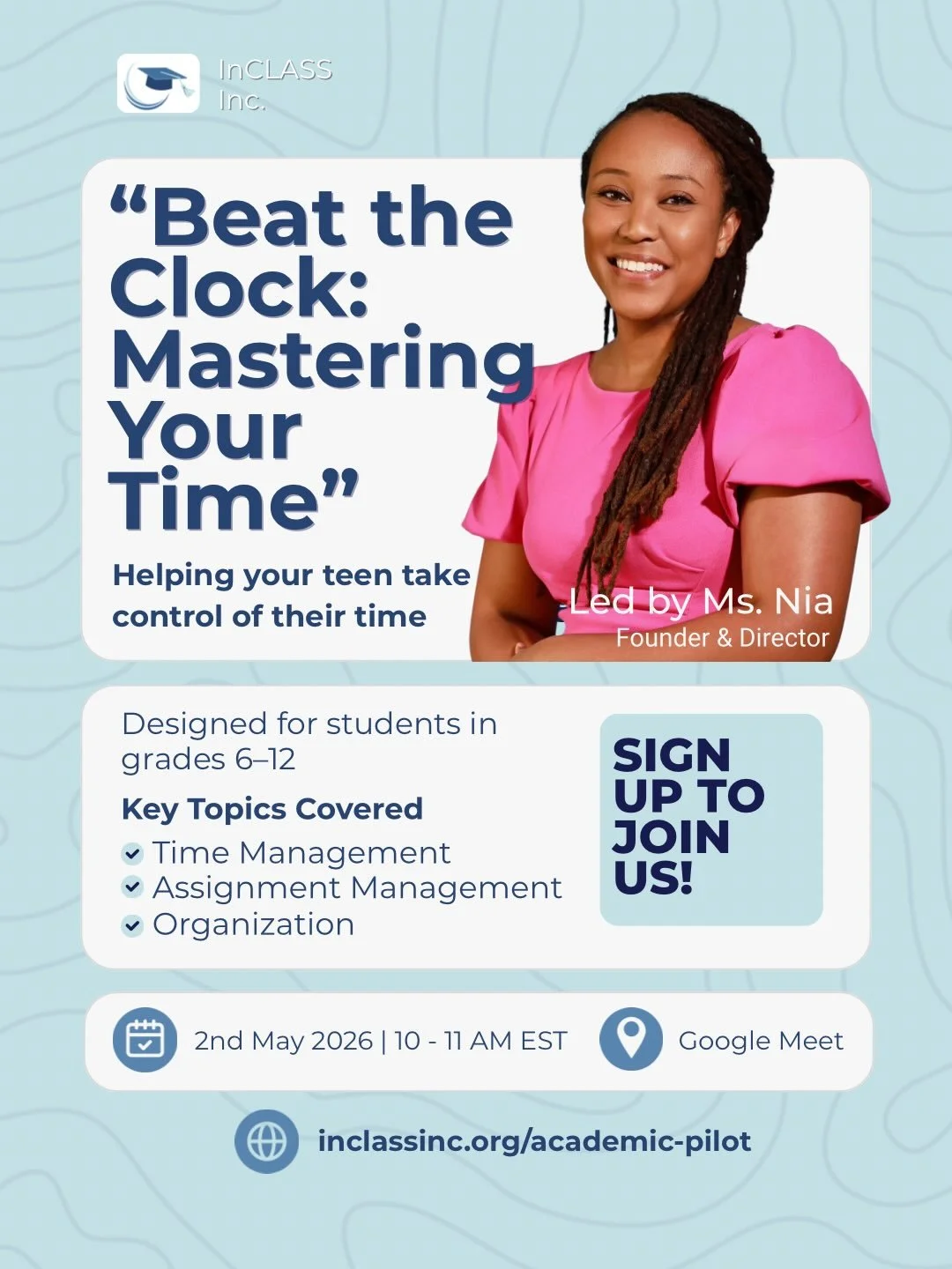 Big goals start with small, intentional steps.

This workshop series is designed to give students in grades 6&ndash;12 the space to explore, build real-world skills, and grow in confidence.

From career exploration to communication, time management t