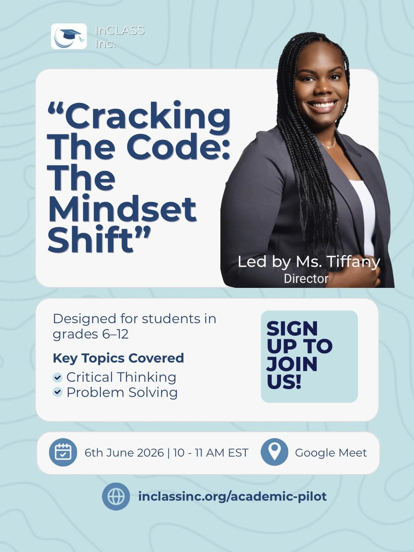📣 It&rsquo;s not too late to sign up! 

This Saturday, &lsquo;Crack the Code&rsquo; with Ms. Tiffany.

Know a teen who could improve their critical thinking or problem solving skills? 

Sign up on our website for this free virtual workshop. They don