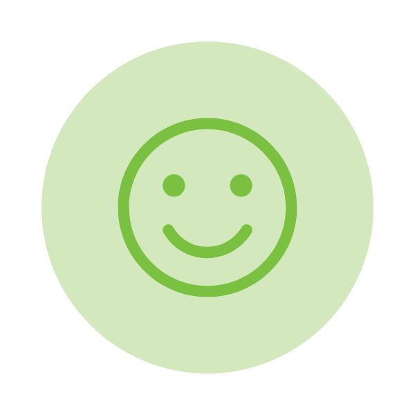 Green circular icon with a smiling face in the center.