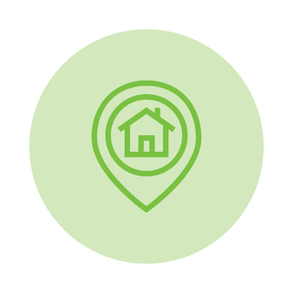 Green circular icon with a house inside a location pin outline.