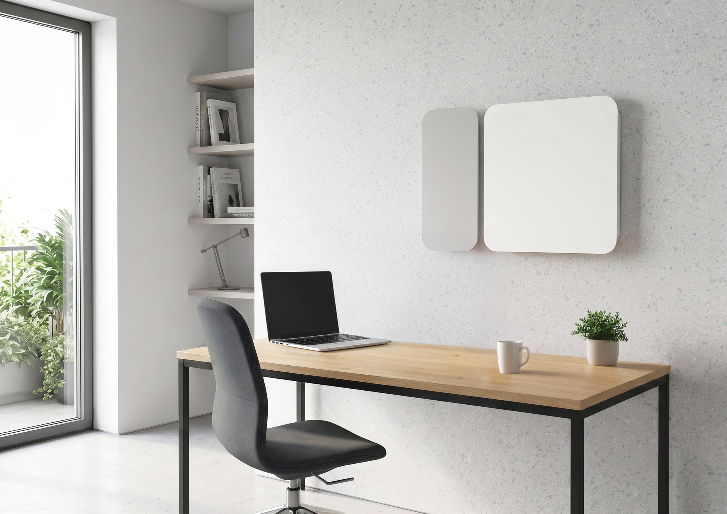 Modern home office with a wooden desk, black office chair, potted plant, white wall-mounted panels, bookshelf with books, desk lamp, open door with greenery outside, and a laptop.