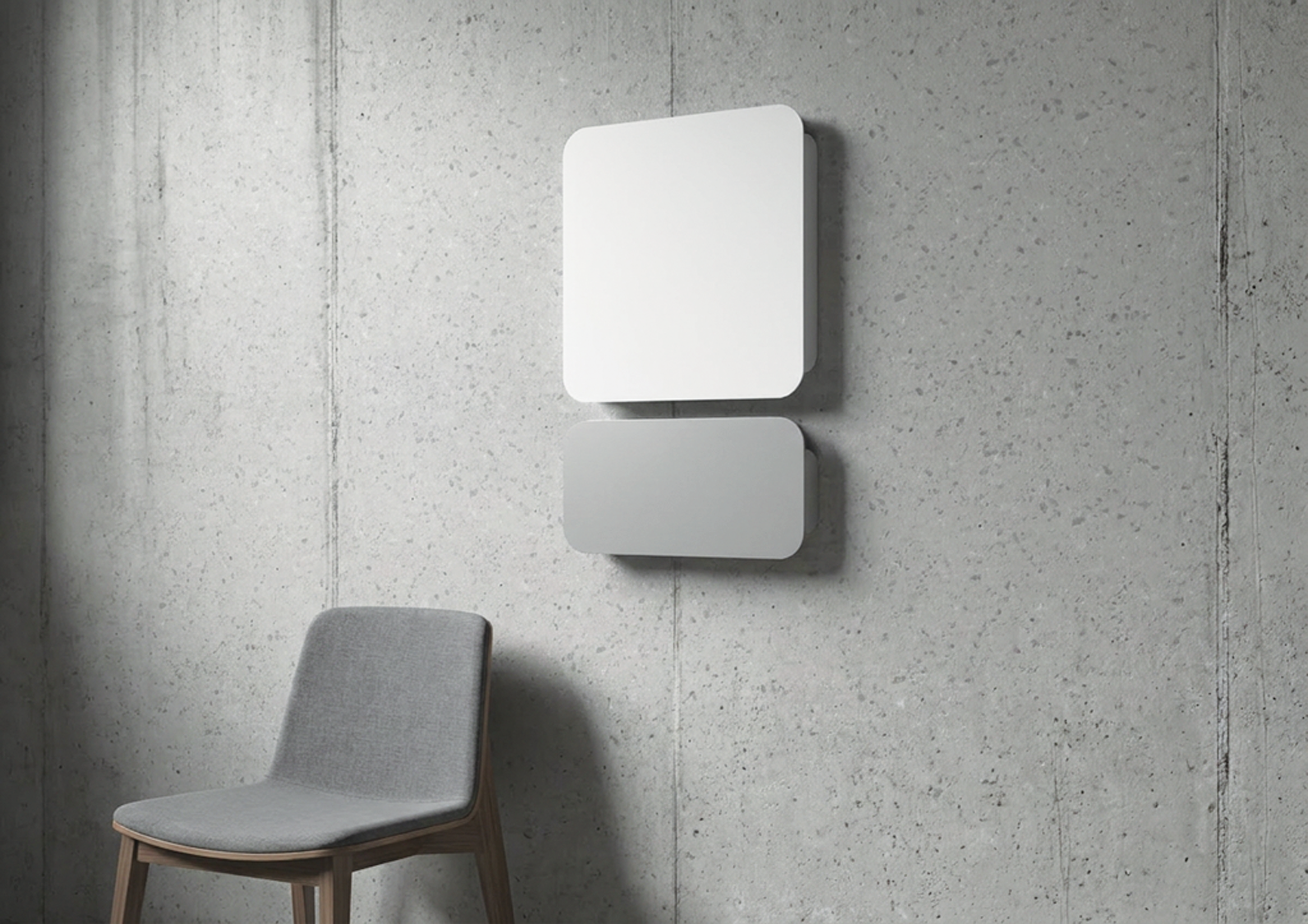 A modern seating area with a light-colored fabric chair with wooden legs and a curved backrest, positioned next to a wall with a concrete texture, two decorative wall panels.