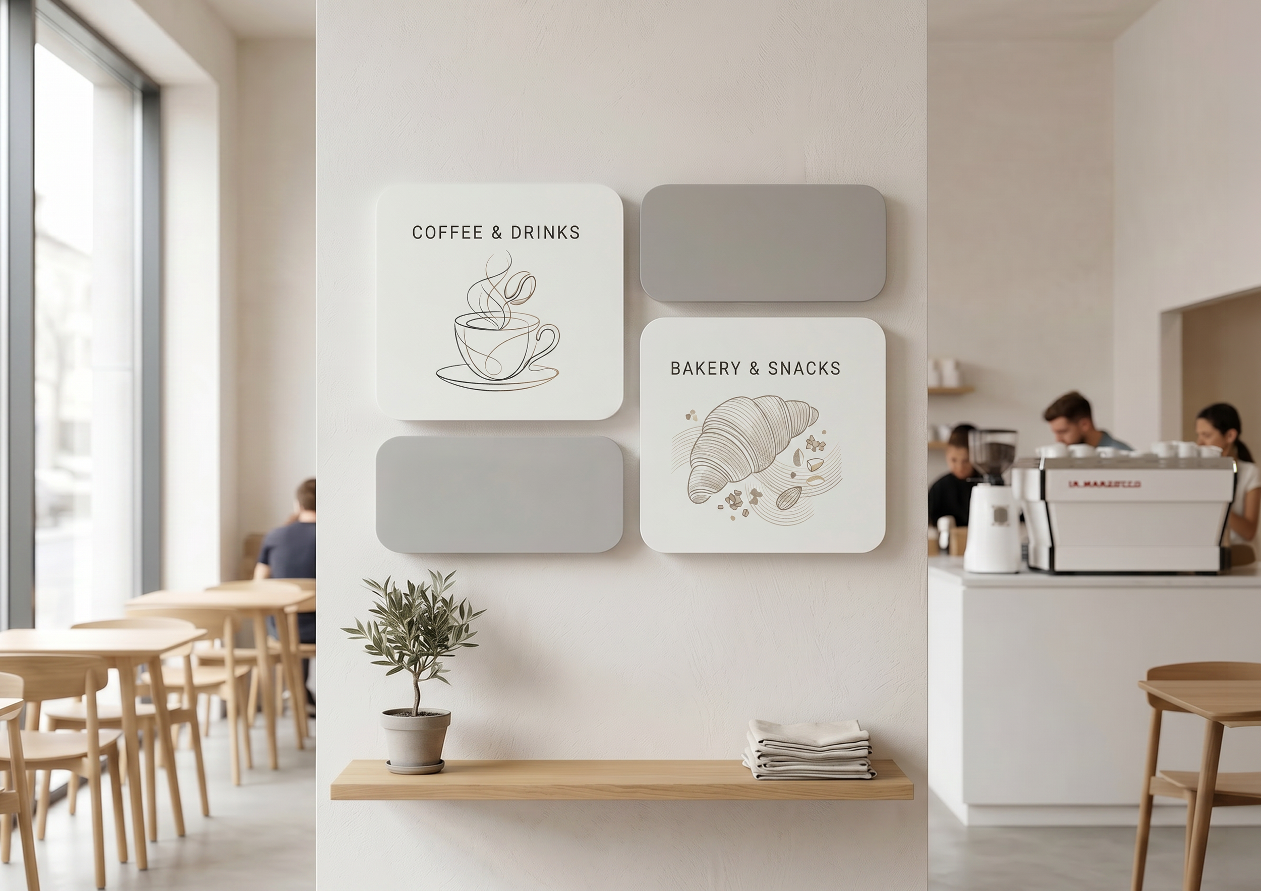 Interior of a cafe with wooden chairs, a white wall featuring signs for coffee, drinks, bakery, and snacks, a small potted plant on a wooden shelf, and people working behind the counter.