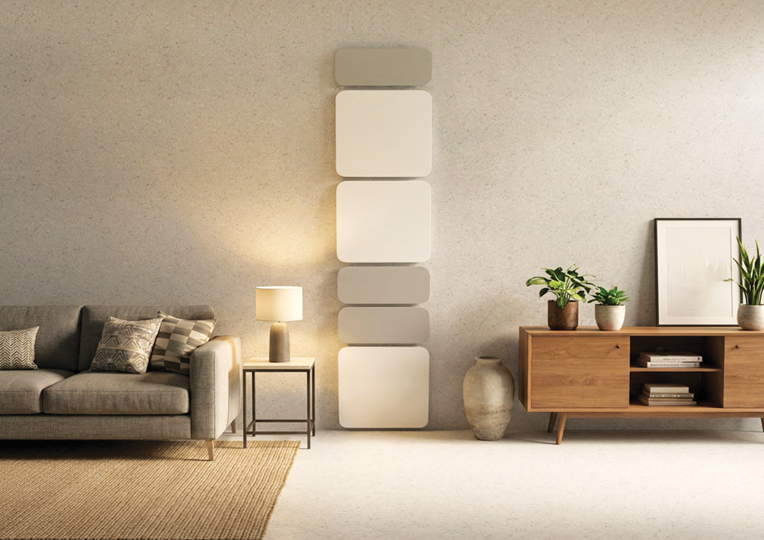 Living room scene with a gray sofa, decorative pillows, a small side table with a lamp, a wooden console table with potted plants, framed art, and a beige area rug. Light-colored wall with floor to ceiling wall decor.
