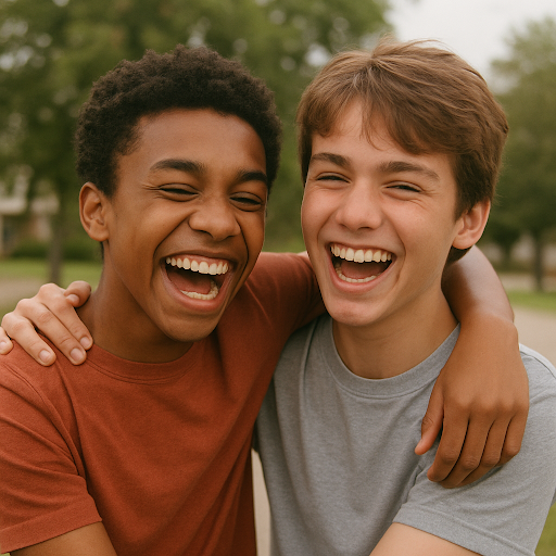 Two young men taking a selfie outdoors, smiling and laughing with their arms around each other.