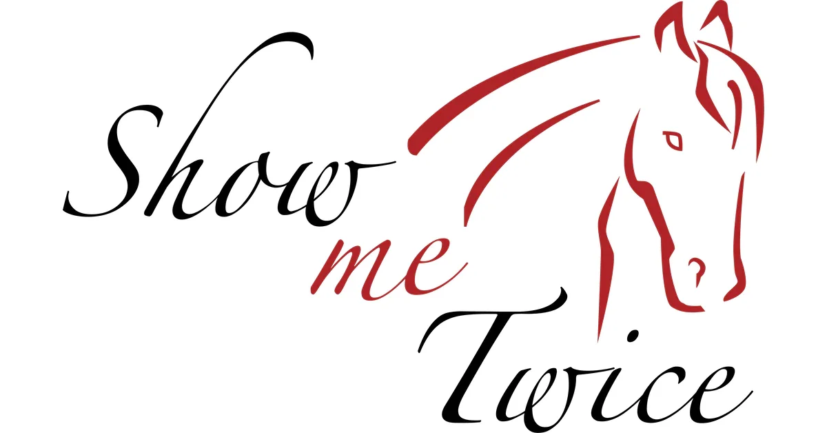 A logo with a stylized horse head drawing and the words "Show me twice" in cursive font.