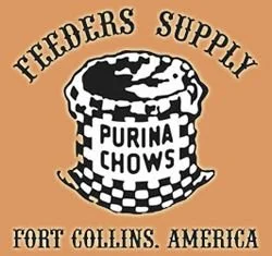 Logo with a dog bowl featuring the text 'Purina Chows' and a banner reading 'Feeders Supply, Fort Collins, America' on a tan background.