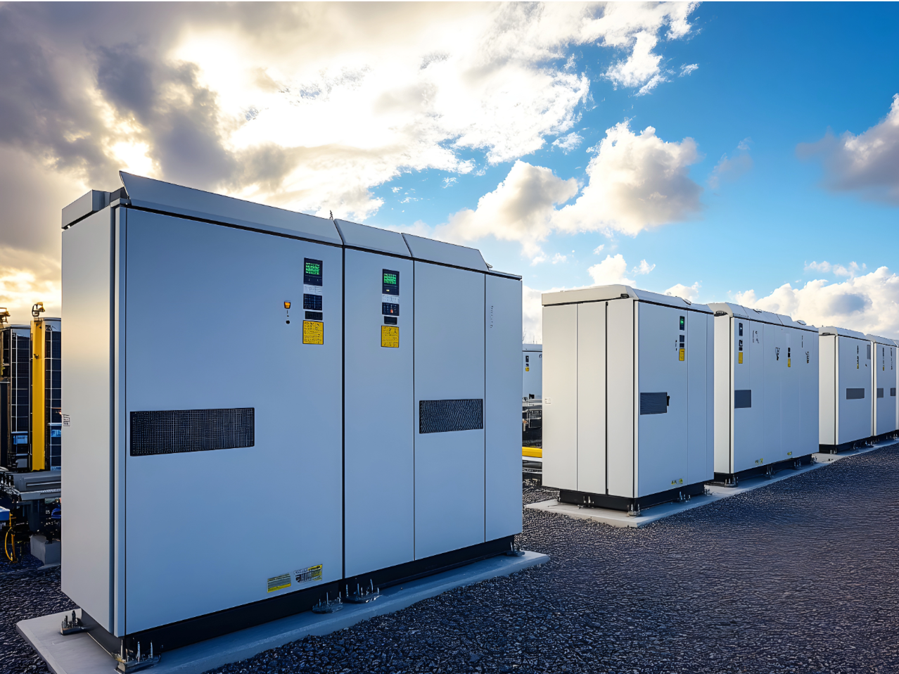 Row of industrial electrical transformers on a rooftop with cloudy sky in the background.