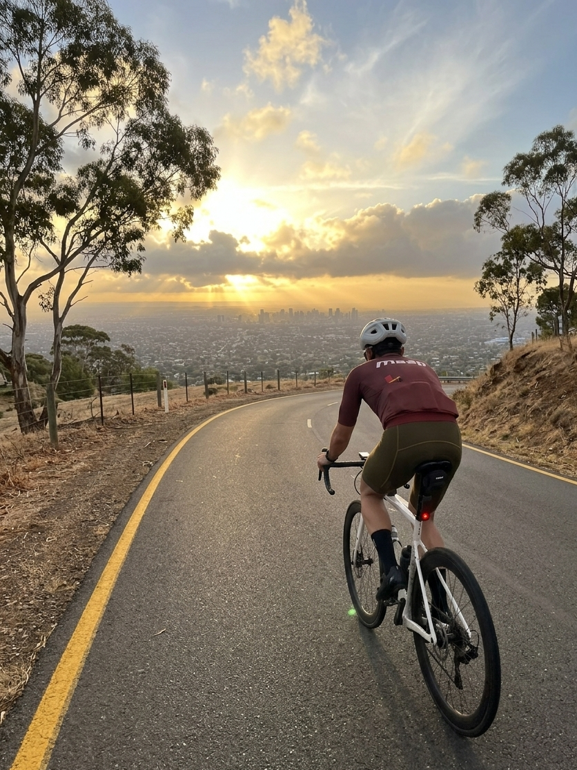 A cyclist riding a bike on a mountain road at sunset with a city skyline in the distance, trees lining the road, and a partly cloudy sky.