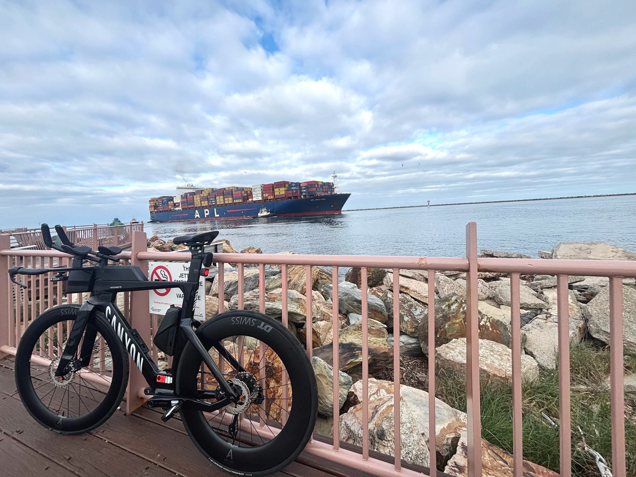 A large cargo ship with containers on board is sailing on calm waters near a waterfront. In the foreground, there are parked bikes and a no smoking sign on a pink railing, with rocks along the shoreline under a partly cloudy sky.