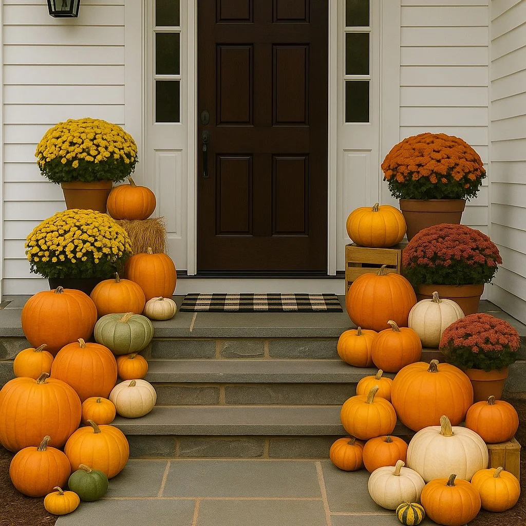 🍂✨ Transform your front porch into a cozy autumn welcome with our Signature Seasonal Setup! Designed for balance and beauty, this package layers pumpkins, mums, gourds, hay bales, and rustic accents to create a warm seasonal vibe that stands out in 