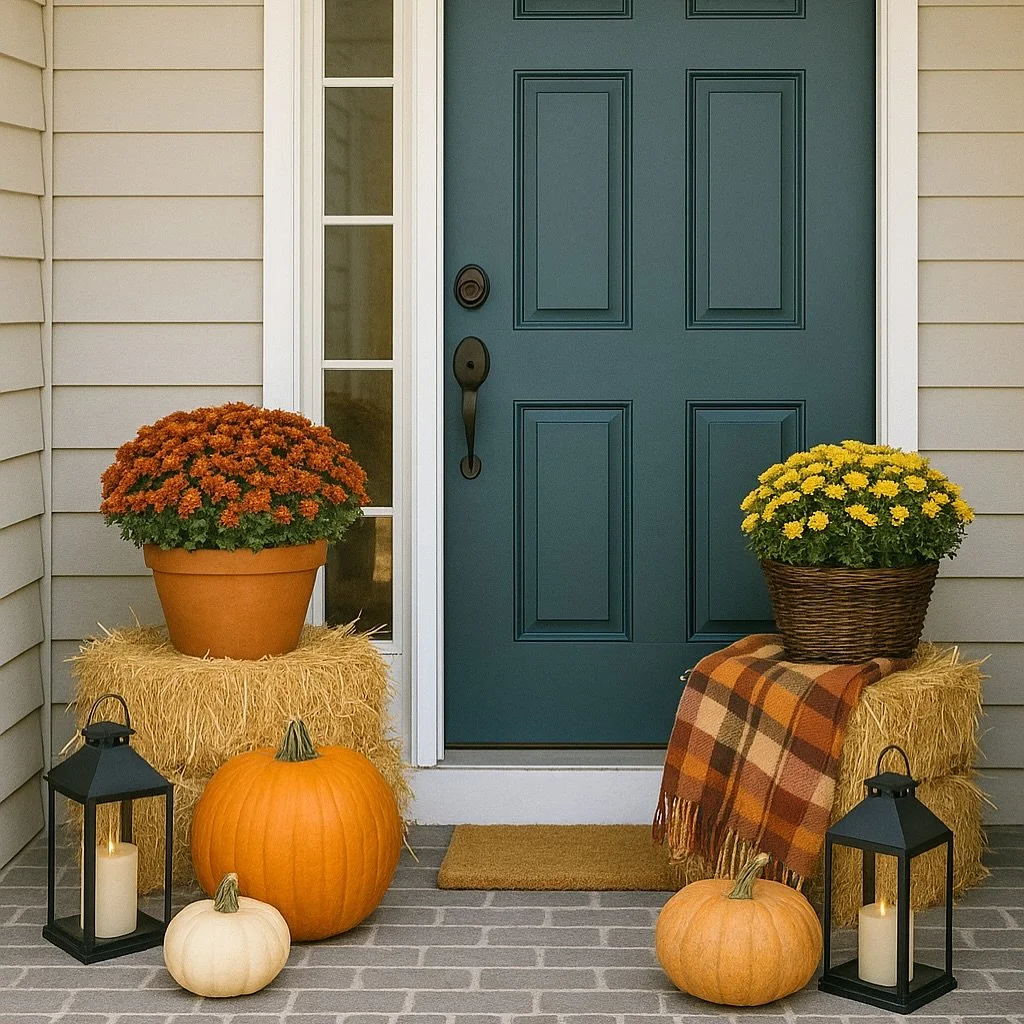 🍂 Fall Porch Decorating Tip:
Layer your porch d&eacute;cor with texture and height! Stack hay bales or wooden crates as risers, mix in pumpkins, mums, and lanterns at different levels, and drape a cozy plaid blanket for that warm, welcoming vibe. Th